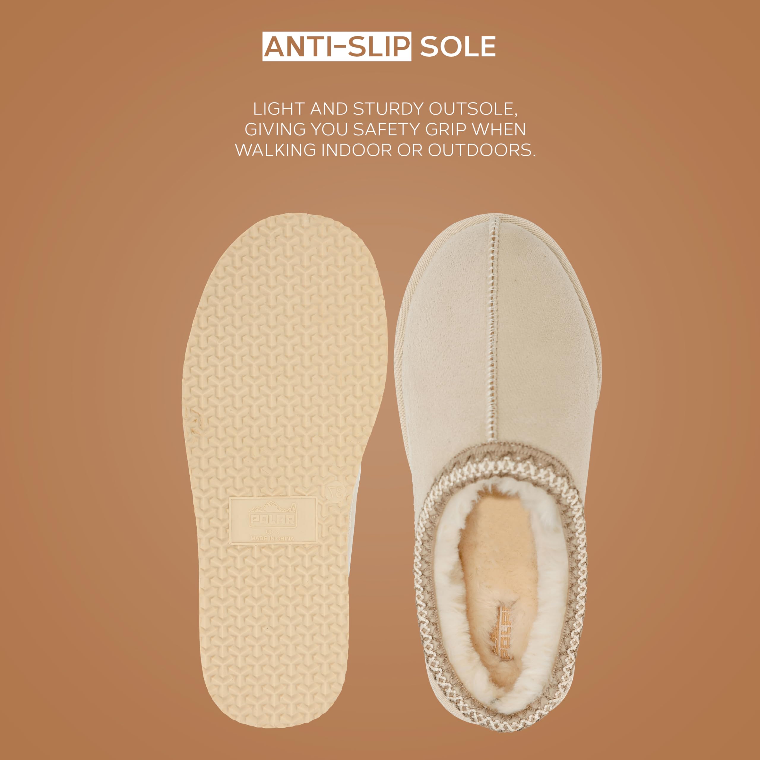 POLAR Women’s Faux Suede Shearling Lined Slippers - Warm Memory Foam Indoor Outdoor Slip-On House Shoes with Aztec Trim - Non-Slip Sole for Winter Cosy Comfort - Image 7